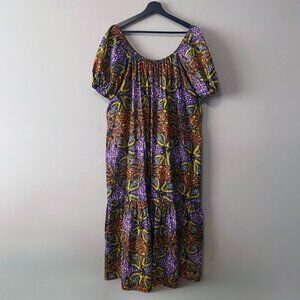 Handmade Plus Size Cotton Bold Print Black Purple Metallic Gold Pockets Dress